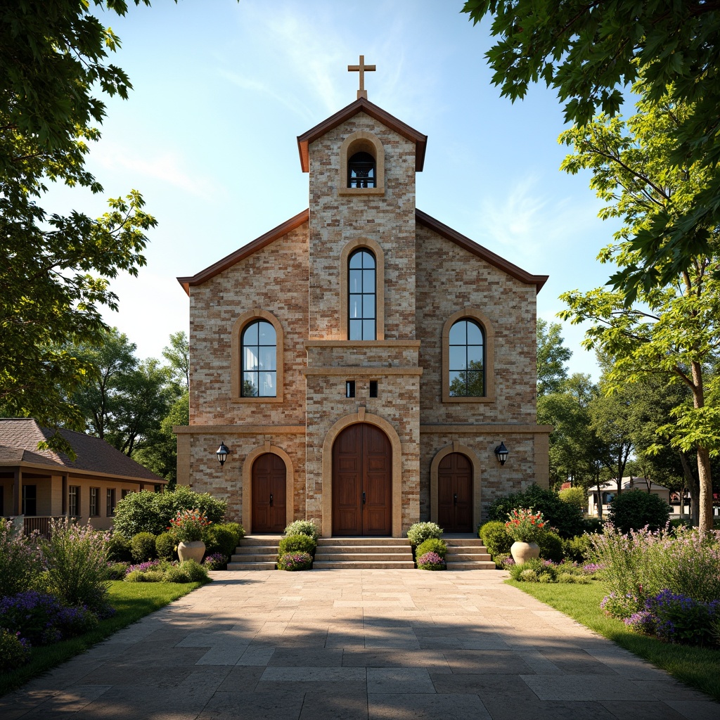 Prompt: Rustic suburban church, natural stone facade, stained glass windows, wooden doorways, bell tower, cruciform architecture, serene surroundings, lush greenery, blooming flowers, sunny day, soft warm lighting, shallow depth of field, 3/4 composition, panoramic view, realistic textures, ambient occlusion, symmetrical entrance, ornate details, classic Christian motifs, elegant arches, tranquil atmosphere.