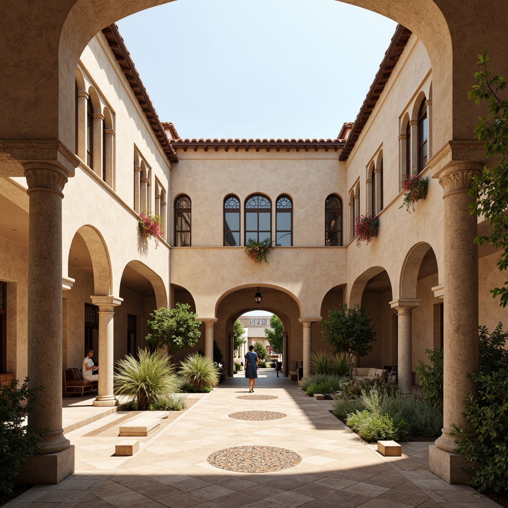 Prompt: Serene hospital courtyard, soft warm lighting, natural stone walls, Romanesque arches, ornate columns, elegant stucco fa\u00e7ade, warm beige color scheme, earthy terracotta tones, soothing sage green accents, calming blue hues, subtle cream textures, intricate mosaic patterns, stained glass windows, grand entrance hall, comfortable waiting areas, peaceful ambiance, shallow depth of field, 1/1 composition, realistic renderings.