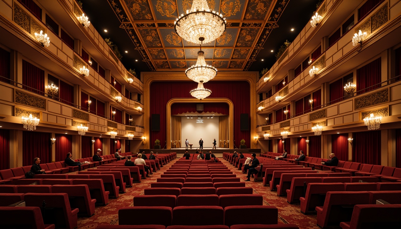 Prompt: Luxurious theater interior, plush velvet seats, rich wood accents, grand chandeliers, ornate balconies, majestic stage curtains, professional lighting systems, surround sound speakers, comfortable audience seating, intimate performance areas, dramatic spotlights, warm golden lighting, shallow depth of field, 2/3 composition, realistic textures, ambient occlusion.