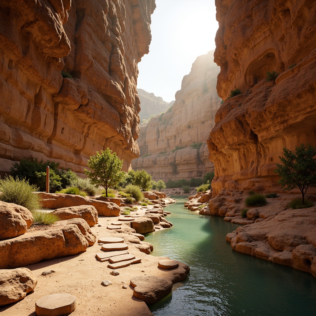 Prompt: Earthy canyon landscape, rustic rock formations, sandy beige terrain, turquoise water streams, majestic cliff faces, warm golden sunlight, soft atmospheric haze, rich terracotta hues, weathered wooden accents, natural stone pathways, vibrant greenery, subtle texture overlays, realistic ambient occlusion, shallow depth of field, 2/3 composition, cinematic color grading.