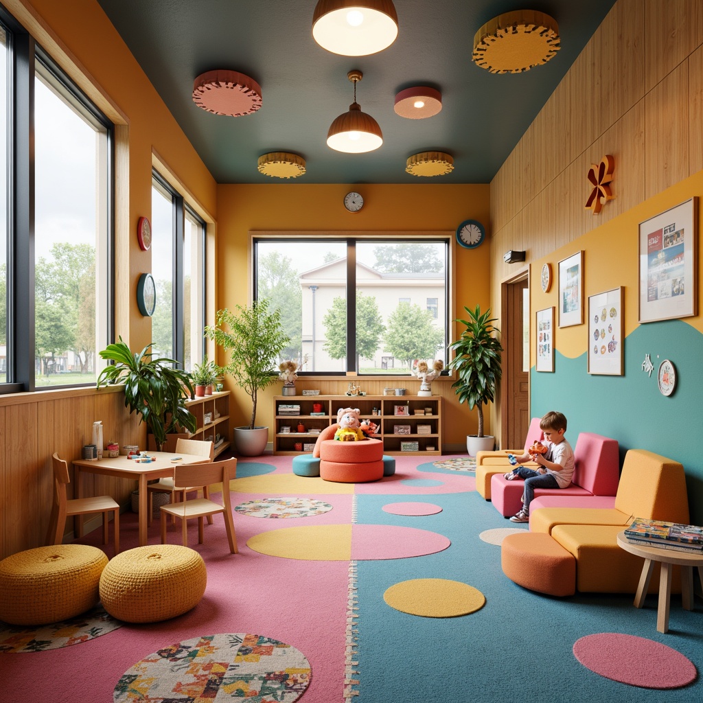 Prompt: Vibrant kindergarten interior, eclectic furniture, colorful rugs, whimsical wallpaper, playful lighting fixtures, natural wood accents, cozy reading nooks, circular tables, tiny chairs, educational posters, interactive displays, sensory play areas, ball pits, building blocks, dress-up corners, art stations, collaborative workspaces, acoustic panels, soft warm lighting, shallow depth of field, 1/1 composition, realistic textures, ambient occlusion.