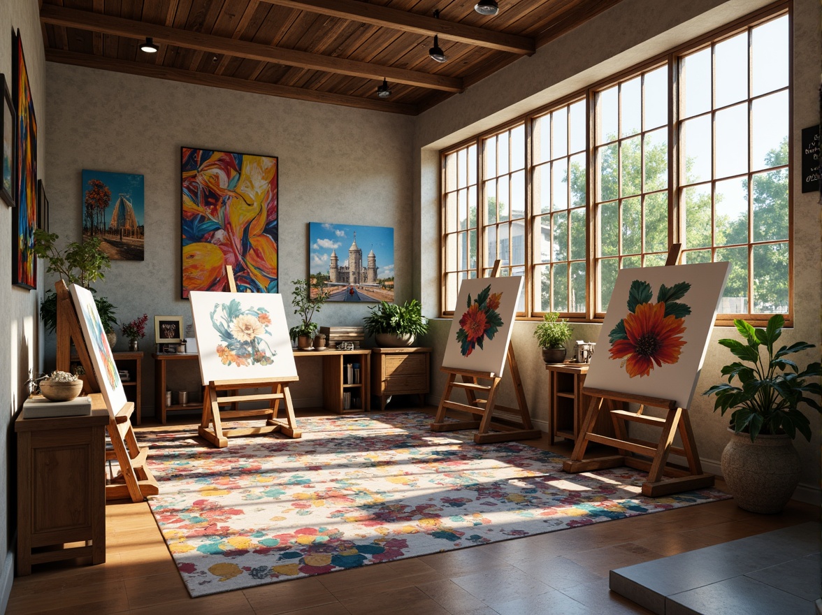 Prompt: Vibrant art studio, natural light, wooden easels, paint-splattered tables, colorful palettes, swatches, bold brushstrokes, rich textures, earthy tones, soft pastels, warm neutrals, deep jewel-tones, metallic accents, subtle gradients, harmonious contrasts, 3D visualizations, realistic renderings, ambient occlusion, shallow depth of field, atmospheric perspective.Please let me know if this meets your requirements!