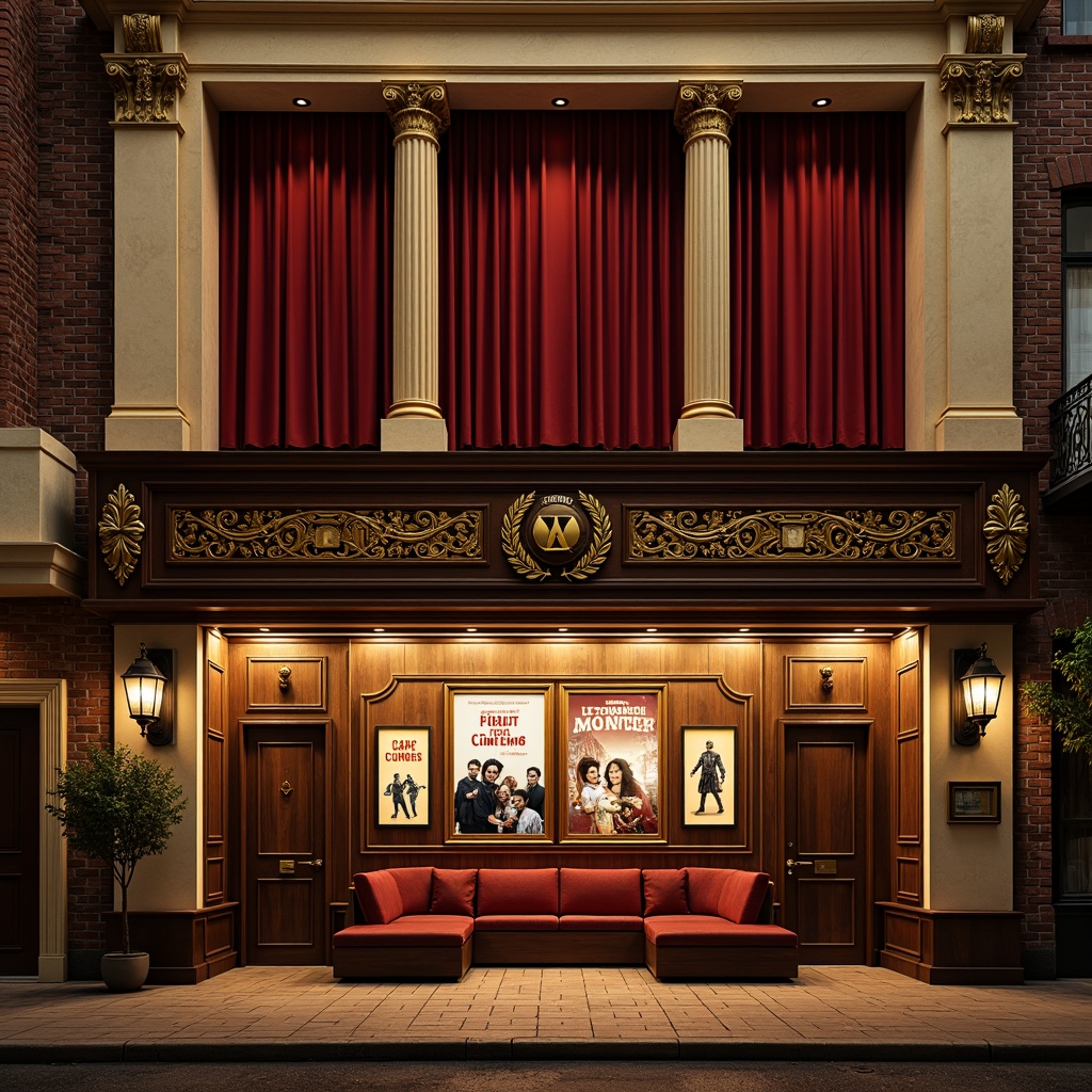 Prompt: Vintage cinema facade, ornate details, rich wood tones, velvet red curtains, golden accents, warm soft lighting, cozy seating areas, rustic brick walls, classic movie posters, nostalgic atmosphere, subtle color grading, cinematic camera angles, shallow depth of field, 1/1 composition, realistic textures, ambient occlusion, warm beige colors, deep crimson hues, creamy whites, dark walnut wood, antique bronze fixtures.