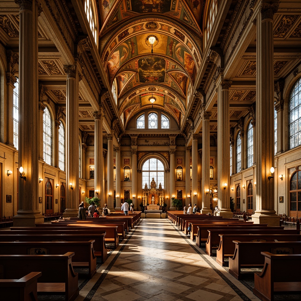 Prompt: Ornate Catholic cathedral, grandiose columns, intricate carvings, gilded details, richly patterned marble floors, ornamental frescoes, vaulted ceilings, dramatic lighting, warm golden tones, high-contrast shadows, shallow depth of field, 1/2 composition, symmetrical framing, realistic textures, ambient occlusion, opulent fabrics, heavy drapery, regal furnishings.