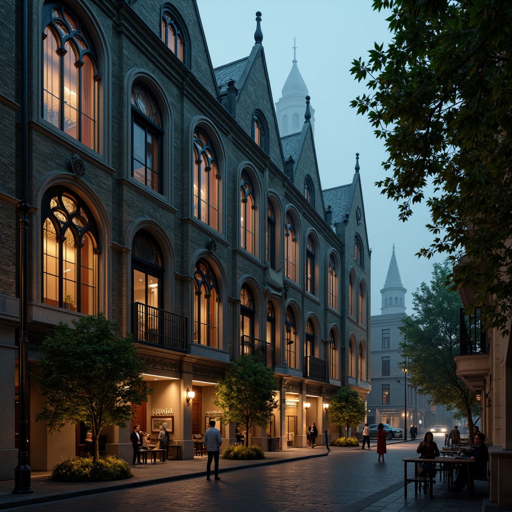 Prompt: Ornate Gothic office building, pointed arches, ribbed vaults, flying buttresses, intricate stone carvings, stained glass windows, grand entrance halls, ornamental balconies, carved wooden doors, lavish interior decorations, high ceilings, dramatic lighting, richly textured stonework, mysterious ambiance, foggy atmosphere, cinematic composition, 1/1 ratio, shallow depth of field.