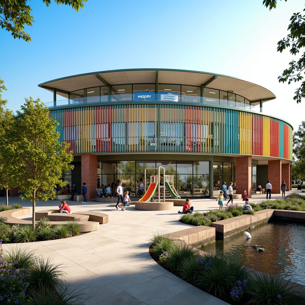 Prompt: Vibrant elementary school building, curved facade, colorful brick patterns, green roof, solar panels, modern angular lines, large windows, transparent glass walls, educational signage, outdoor learning spaces, playful playground equipment, climbing walls, kid-friendly water features, shaded areas, natural stone benches, blooming flower beds, sunny day, soft warm lighting, shallow depth of field, 3/4 composition, panoramic view, realistic textures, ambient occlusion.