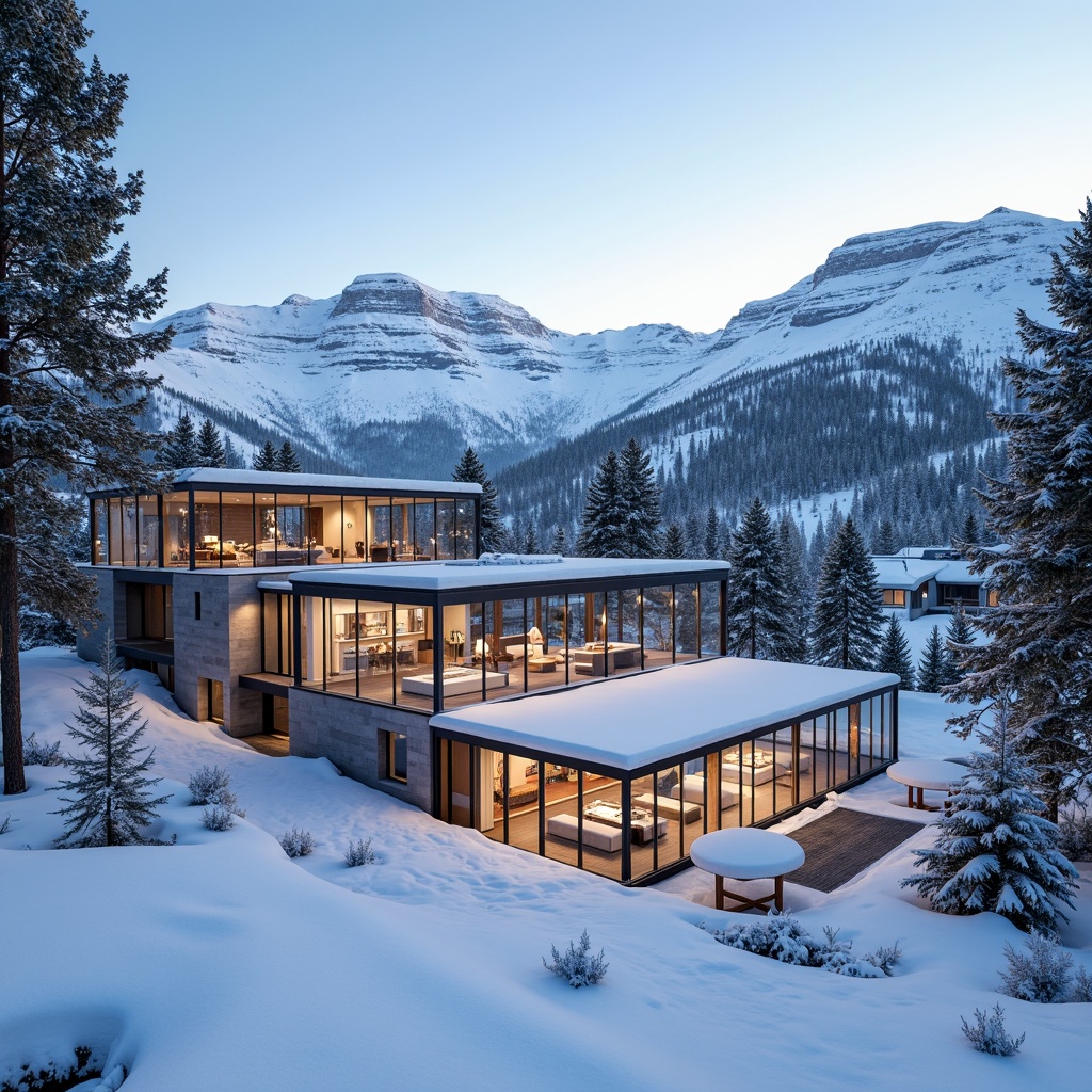 Prompt: Snow-capped mountains, pine trees, ski lifts, snowy slopes, modern ski center architecture, transparent glass facades, minimalist design, wooden accents, natural stone walls, warm interior lighting, cozy atmosphere, large windows, panoramic views, snowy landscapes, frosty mornings, soft warm lighting, shallow depth of field, 3/4 composition, realistic textures, ambient occlusion.