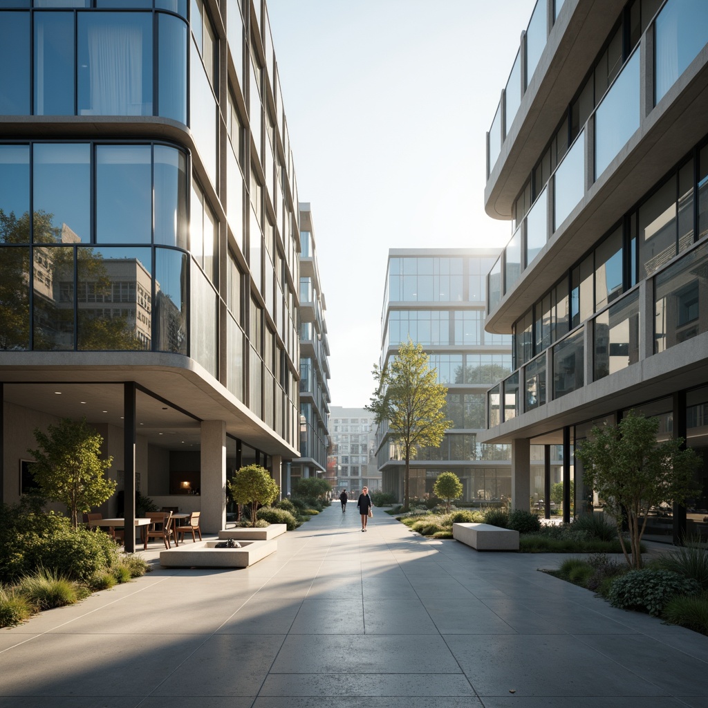 Prompt: Sleek modern buildings, translucent glass facades, natural light filtering, diffused shadows, minimalist interior design, open-plan spaces, polished concrete floors, subtle color palettes, ambient lighting, soft focus photography, shallow depth of field, 1/1 composition, symmetrical framing, warm neutral tones, urban cityscape, morning sunlight, gentle misting systems.