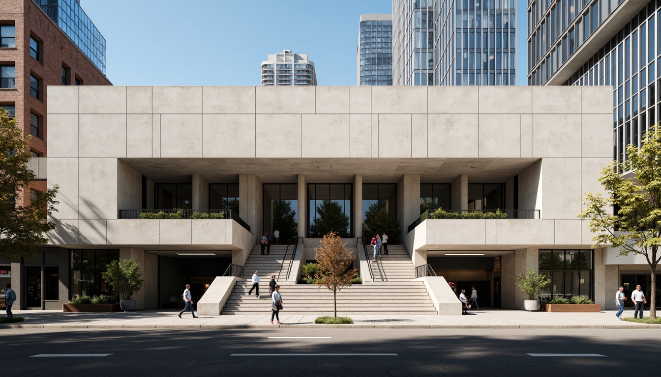 Prompt: Courthouse facade, geometric shapes, bold lines, rectangular forms, functional simplicity, industrial materials, exposed concrete, steel frames, large windows, minimalist ornamentation, symmetrical composition, dramatic shading, high-contrast lighting, urban cityscape, busy streets, modern urban planning, civic architecture, institutional buildings, historical landmark, cultural heritage site, natural stone cladding, bronze accents, monumental staircase, grand entrance, formal plaza, abstract sculptures, rationalist aesthetic, 1/1 composition, frontal view, realistic textures, ambient occlusion.