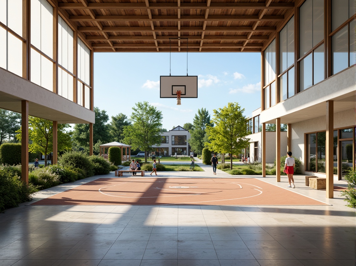 Prompt: Vibrant gymnasium interior, natural light pouring in, large windows, sliding glass doors, outdoor courtyard, lush greenery, athletic tracks, sports equipment, wooden flooring, modern architecture, minimalist design, eco-friendly materials, sustainable energy solutions, solar panels, water conservation systems, green roofs, innovative cooling technologies, shaded outdoor spaces, misting systems, dynamic lighting, 3/4 composition, panoramic view, realistic textures, ambient occlusion.Let me know if you need any adjustments!