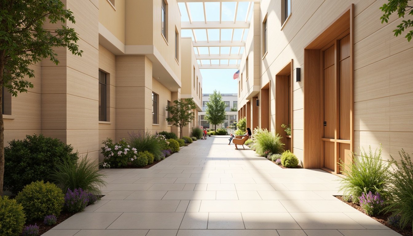 Prompt: Spacious hospital corridors, abundant natural light, clerestory windows, skylights, warm beige walls, calming wood accents, comfortable patient rooms, soft pastel colors, gentle ambient lighting, minimal shading, 1/1 composition, realistic reflections, subtle gradient maps, serene atmosphere, peaceful waiting areas, lush greenery, vibrant flowers, soothing water features, gentle breeze sounds.