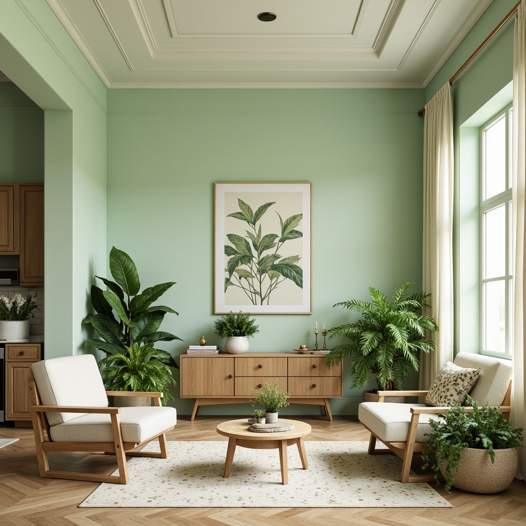 Prompt: Soft mint walls, pale lime accents, creamy white trim, natural wood textures, botanical prints, delicate florals, warm beige furniture, minimalist decor, abundant greenery, lush plants, softbox lighting, shallow depth of field, 1/1 composition, intimate atmosphere, serene ambiance, gentle color transitions.