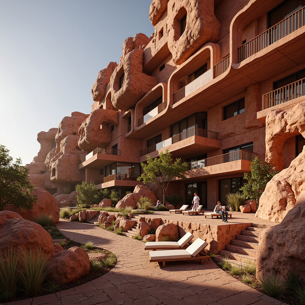 Prompt: Canyon-inspired facade, rugged rock formations, rusty red hues, earthy textures, organic shapes, cantilevered overhangs, angular lines, brutalist architecture, natural stone cladding, weathered wood accents, vast open spaces, panoramic views, dramatic shadows, warm golden lighting, shallow depth of field, 2/3 composition, cinematic perspective, realistic rock patterns, ambient occlusion.