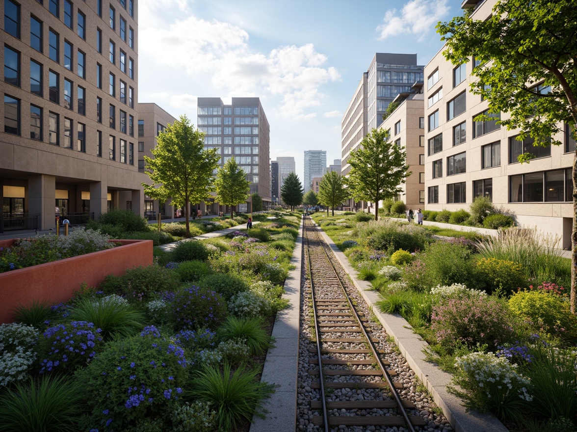 Prompt: Vibrant tram station, lush green roofs, urban oasis, natural habitats, wildlife conservation, air quality improvement, noise reduction, insulation benefits, stormwater management, urban heat island mitigation, modern architecture, sleek metal structures, large windows, natural light, panoramic views, eco-friendly materials, sustainable design, innovative water harvesting systems, rainfall collection, grey water reuse, reduced energy consumption, carbon footprint reduction, ambient occlusion, soft warm lighting, 3/4 composition, realistic textures.