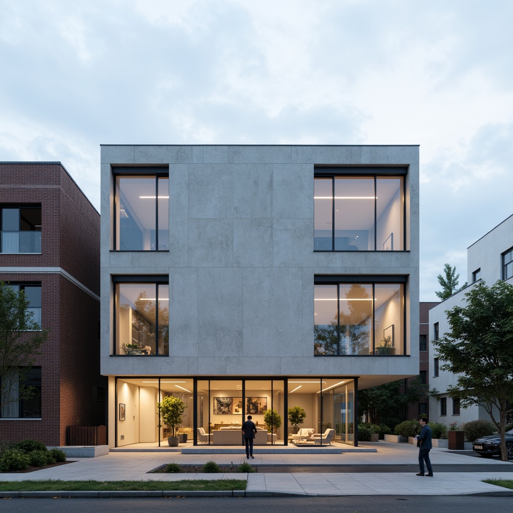 Prompt: Simple rectangular facade, clean lines, minimal ornamentation, neutral color palette, large glass windows, sliding doors, subtle LED lighting, modern urban setting, concrete pavement, sparse greenery, cloudy day, soft natural light, shallow depth of field, 1/1 composition, realistic textures, ambient occlusion.