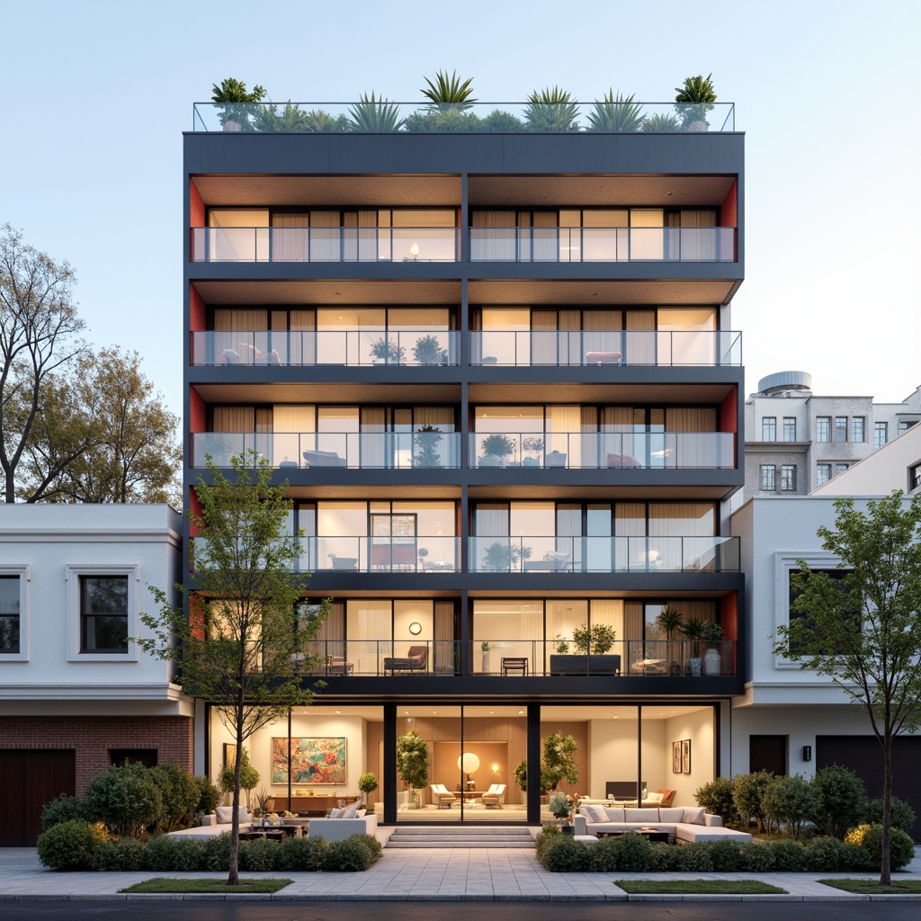 Prompt: Monochromatic apartment building, neutral beige exterior walls, bold accent colors, modern minimalist architecture, sleek metal railings, glass balconies, urban cityscape, bustling streets, morning sunlight, soft warm glow, shallow depth of field, 3/4 composition, realistic textures, ambient occlusion, cozy living room, pastel color palette, plush furniture, abstract artwork, geometric patterns, natural stone flooring, wood accents, industrial chic decor.