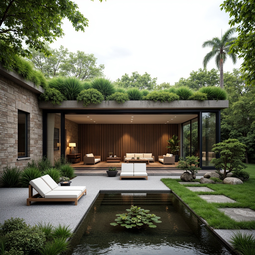 Prompt: Minimalist villa, lush green roof, natural stone walls, floor-to-ceiling windows, sliding glass doors, serene courtyard, trickling water feature, Japanese-inspired garden, bonsai trees, moss-covered grounds, gravel pathways, modern minimalist furniture, sleek lines, monochromatic color scheme, abundant natural light, soft diffused lighting, 1/1 composition, shallow depth of field, realistic textures, ambient occlusion.