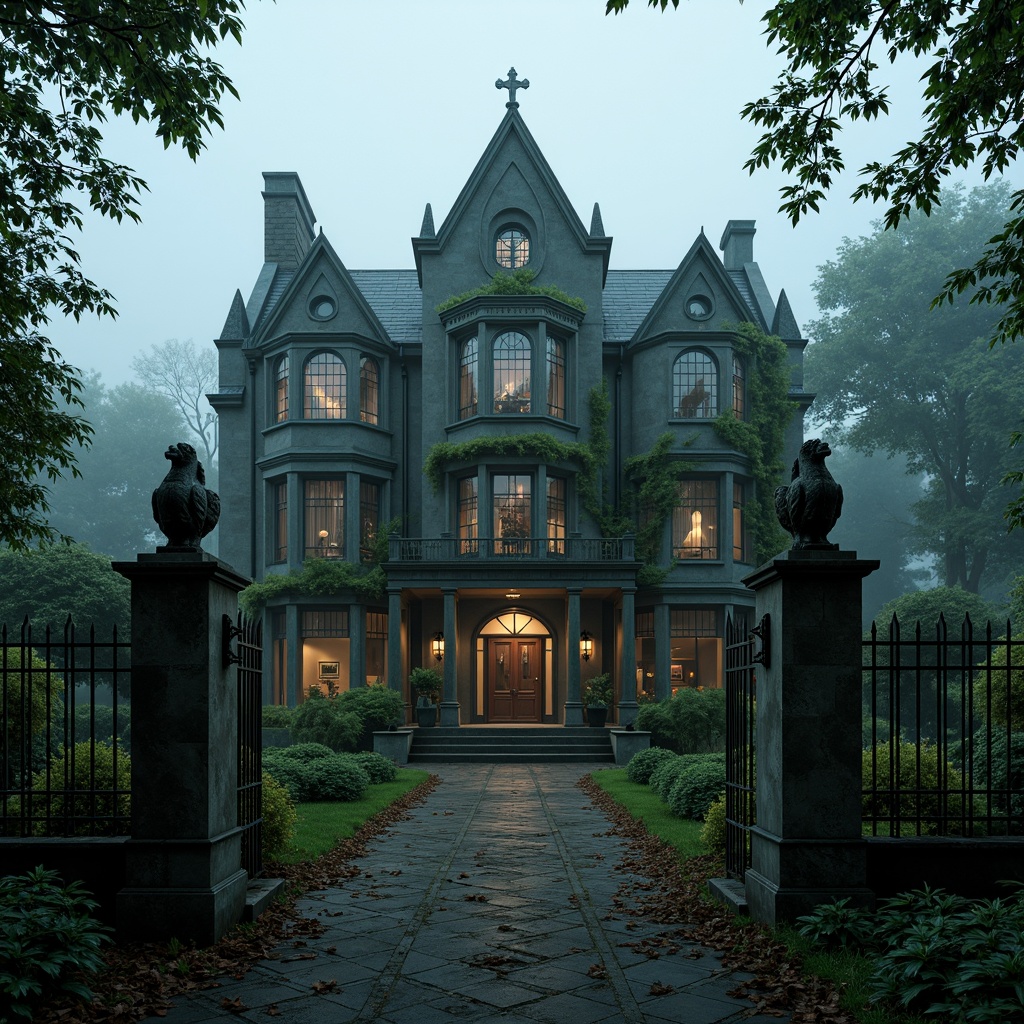 Prompt: Mysterious Gothic mansion, overgrown gardens, twisted vines, ancient trees, misty atmosphere, dimly lit pathways, stone statues, gargoyles, intricately carved gates, iron fences, moss-covered walls, weathered stone facades, pointed arches, stained glass windows, grand entranceways, symmetrical composition, dramatic lighting, eerie shadows, foggy morning, mysterious mist, 1/1 aspect ratio.