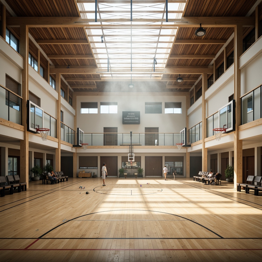 Prompt: Spacious gymnasium interior, high ceilings, natural light pouring in, clerestory windows, wooden flooring, modern sports equipment, basketball hoops, volleyball nets, exercise machines, mirrored walls, minimalist decor, indirect lighting, soft shadows, atmospheric ambiance, warm color tones, athletic track, retractable bleachers, acoustic panels, sound-absorbing materials, optimized ventilation systems, eco-friendly building materials, sustainable design elements.