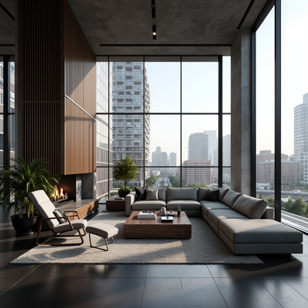 Prompt: Modern apartment, minimalist decor, monochromatic color scheme, sleek metal accents, large windows, cityscape views, open-plan living area, functional zoning, modular furniture, hidden storage compartments, ergonomic design, task lighting, soft warm glow, 1/1 composition, shallow depth of field, realistic textures, ambient occlusion, urban landscape, busy streets, high-rise buildings, concrete jungle.