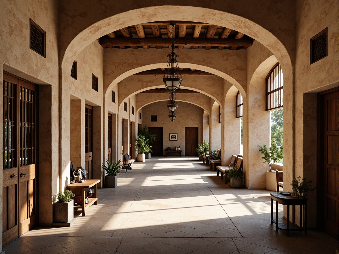 Prompt: Grand hospital entrance, Romanesque arches, rustic stone walls, terracotta roofing, earthy color palette, natural lighting, wooden doors, ironwork details, ornate furnishings, vintage medical equipment, distressed wood accents, warm beige tones, ambient soft lighting, shallow depth of field, 1/2 composition, realistic textures, subtle camera movements.