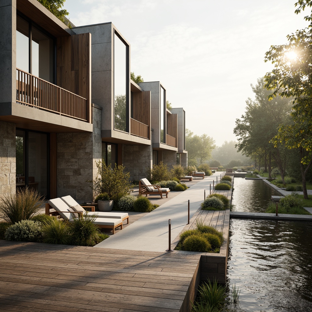 Prompt: Riverbank, minimalist architecture, natural stone walls, wooden decks, rusted metal railings, weathered wood accents, simple concrete floors, matte black window frames, glass balconies, green roofs, wildflower planters, serene river views, misty morning atmosphere, soft golden lighting, shallow depth of field, 1/1 composition, realistic water textures, ambient occlusion.