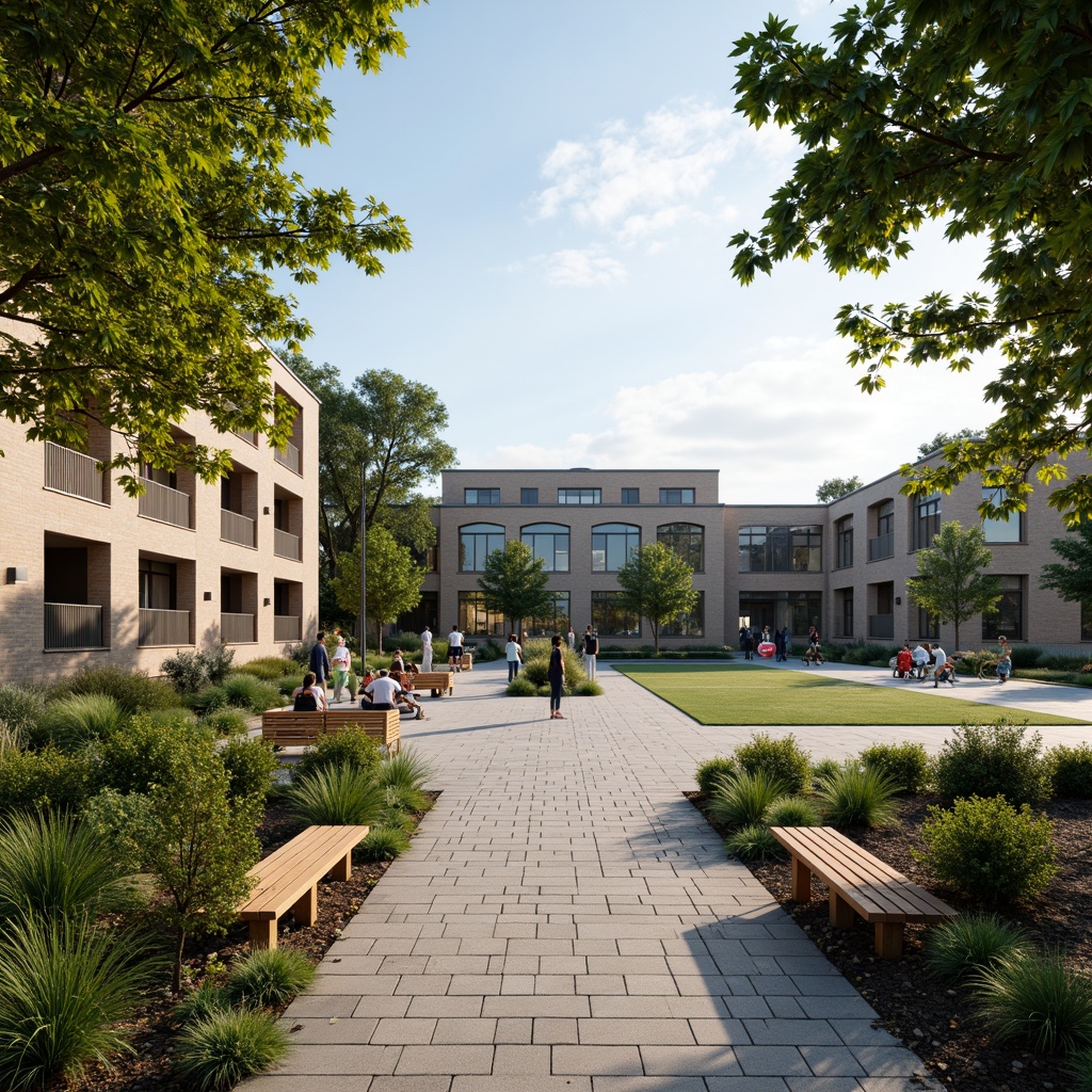 Prompt: Vibrant gymnasium courtyard, lush greenery, natural stone walls, wooden benches, outdoor fitness equipment, basketball courts, tennis courts, soccer fields, track and field facilities, modern architecture, large windows, glass doors, clerestory lighting, seamless indoor-outdoor transition, abundant natural light, ventilation systems, eco-friendly materials, sustainable design, minimalist decor, industrial-chic aesthetic, urban landscape views, cityscape backdrop, soft warm lighting, shallow depth of field, 3/4 composition, panoramic view, realistic textures, ambient occlusion.