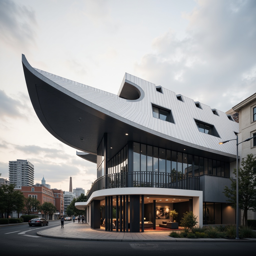 Prompt: Unique roofline features, curved silhouette, modern architectural style, sleek metal cladding, minimalist design, subtle overhangs, cantilevered sections, dramatic eaves, bold color accents, geometric patterns, abstract shapes, urban landscape, cloudy sky, soft warm lighting, shallow depth of field, 3/4 composition, panoramic view, realistic textures, ambient occlusion.