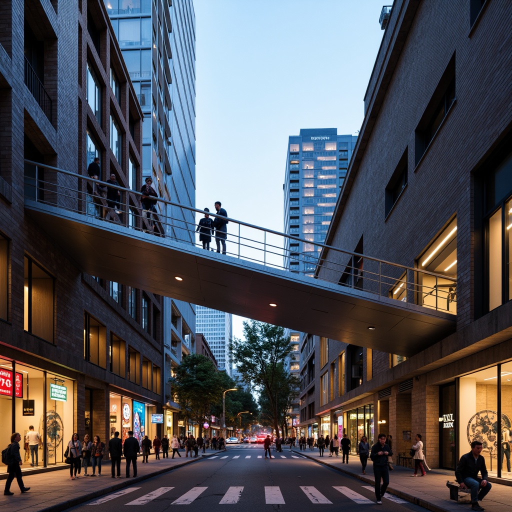 Prompt: Sleek pedestrian bridge, modernist architecture, cantilevered structures, minimalist design, clean lines, geometric shapes, steel beams, cable-stayed systems, suspension cables, rust-resistant materials, industrial aesthetic, urban landscape, city skyline, busy streets, pedestrian traffic, vibrant street art, neon lights, warm evening lighting, 1/1 composition, shallow depth of field, realistic textures, ambient occlusion.