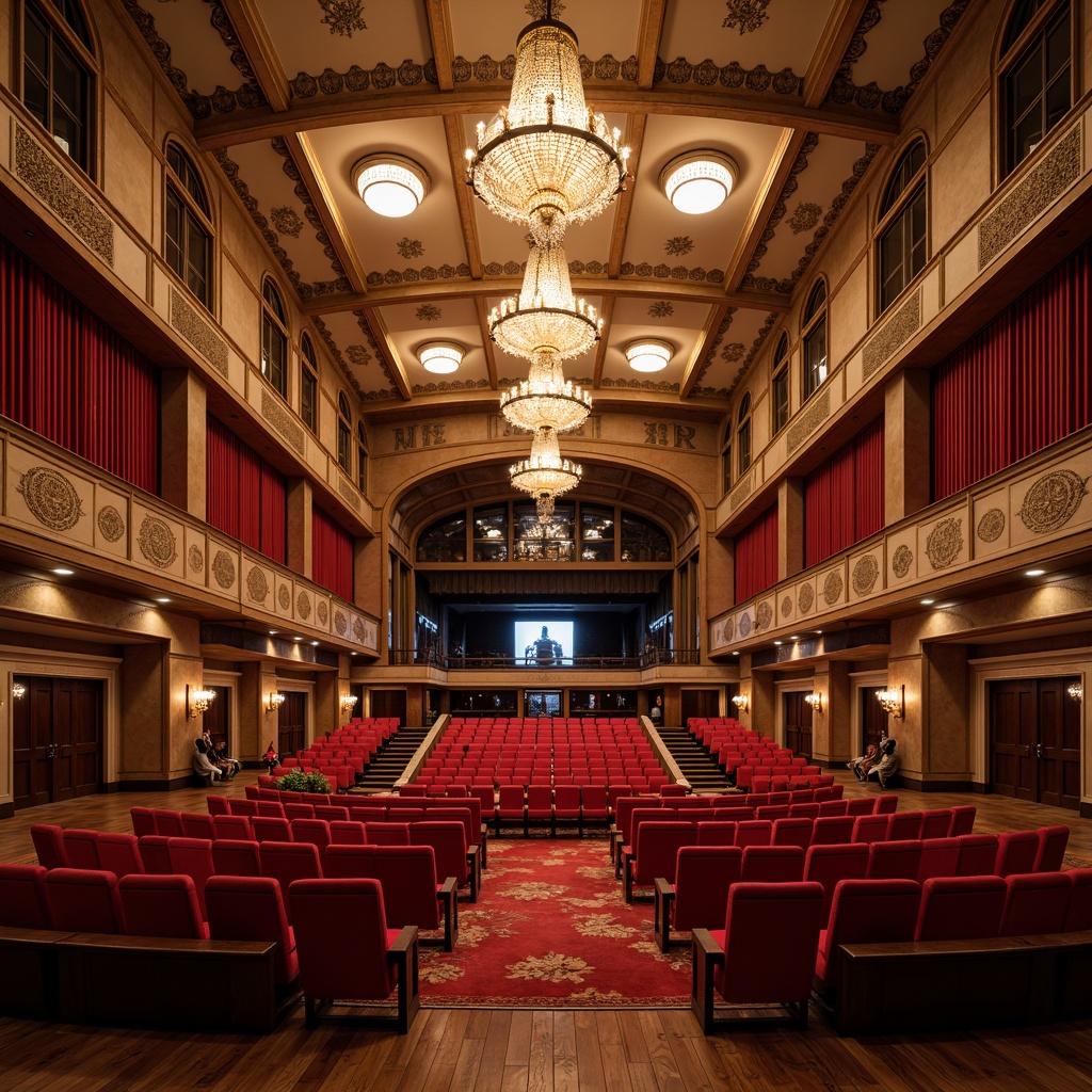 Prompt: Grand auditorium, ornate chandeliers, plush red seats, curved rows, elevated stages, professional lighting systems, soundproofing materials, acoustic panels, wooden flooring, majestic high ceilings, sweeping arches, grand entranceways, luxurious carpets, elegant wall decor, sophisticated color schemes, warm ambient lighting, shallow depth of field, 1/2 composition, symmetrical framing, realistic textures, subtle shadows.