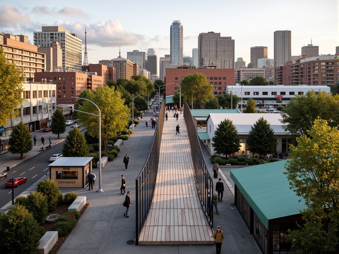 Prompt: Eco-friendly pedestrian bridge, curved steel structure, wooden decking, green roofs, living walls, urban skyline views, busy city streets, natural stone piers, energy-harvesting lighting systems, solar-powered handrails, wind turbines, rainwater collection systems, recycled materials, minimalist design, angular lines, modern architecture, vibrant urban atmosphere, soft warm lighting, shallow depth of field, 3/4 composition, panoramic view, realistic textures, ambient occlusion.