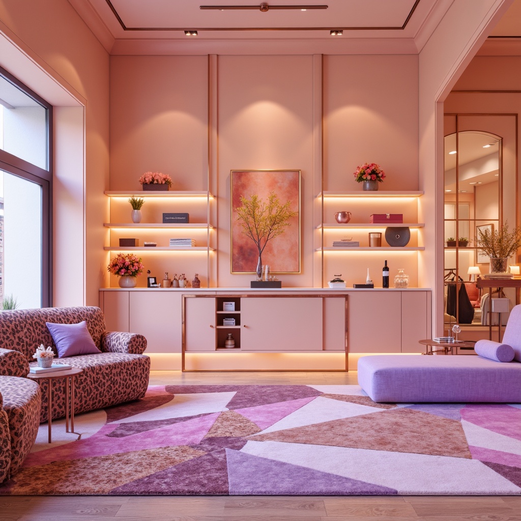 Prompt: Vibrant boutique, pastel hues, iridescent accents, rose gold fixtures, soft peach walls, lavender furniture, abstract geometric patterns, luxurious velvet fabrics, metallic sheen, ambient warm lighting, 1/1 composition, shallow depth of field, realistic textures, atmospheric glow.