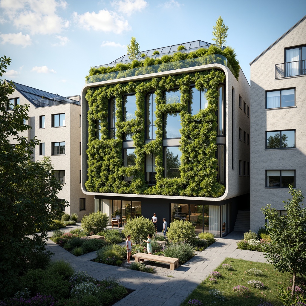 Prompt: Eco-friendly building, green roofs, solar panels, wind turbines, rainwater harvesting systems, recycled materials, low-carbon footprint, energy-efficient appliances, natural ventilation, large windows, abundant daylight, living walls, urban gardens, minimal waste generation, responsible resource allocation, locally sourced materials, reduced water consumption, innovative insulation systems, thermal mass integration, passive design strategies, net-zero emissions goal, futuristic architecture, sleek metal fa\u00e7ades, dynamic shading devices, optimized building orientation, maximized natural light exposure.