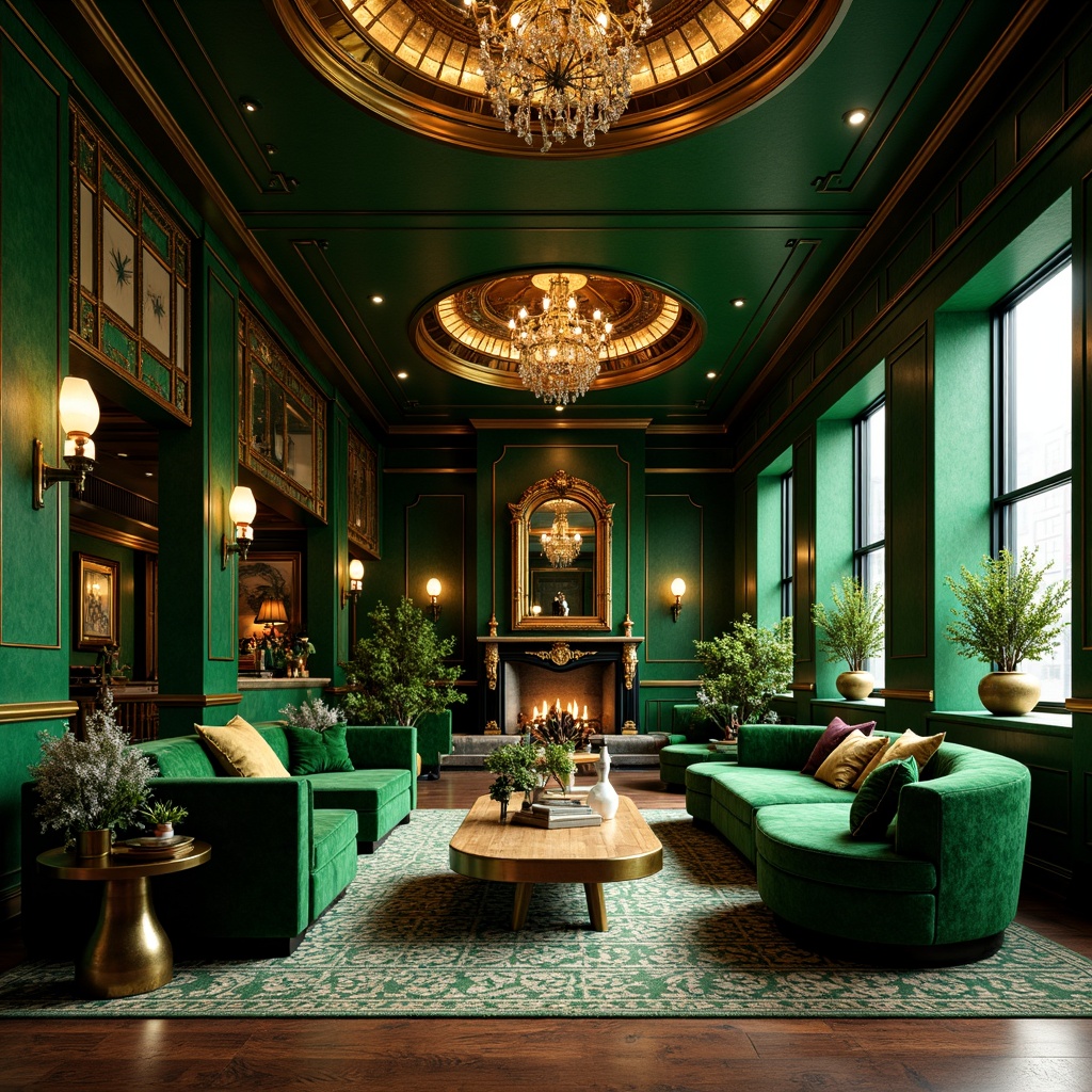 Prompt: Luxurious Art Deco interior, opulent gold accents, rich jewel-toned hues, deep emerald green walls, lavish velvet fabrics, metallic bronze details, geometric patterns, ornate mirrors, crystal chandeliers, high-gloss finishes, bold black outlines, vintage glamour, nostalgic sophistication, dramatic lighting, cinematic atmosphere, 1920s flair, glamorous Hollywood Regency style.