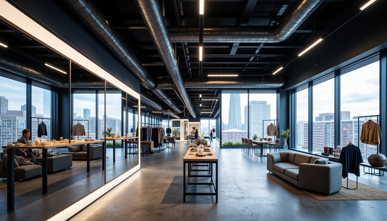 Prompt: Minimalist retail space, transparent glass facades, sleek metal frameworks, cantilevered roofs, open floor plans, industrial chic aesthetic, polished concrete floors, exposed ductwork, suspended shelves, geometric display racks, futuristic LED lighting, ambient shadows, high-contrast color scheme, 1/2 composition, shallow depth of field, realistic reflections, subtle gradient maps.