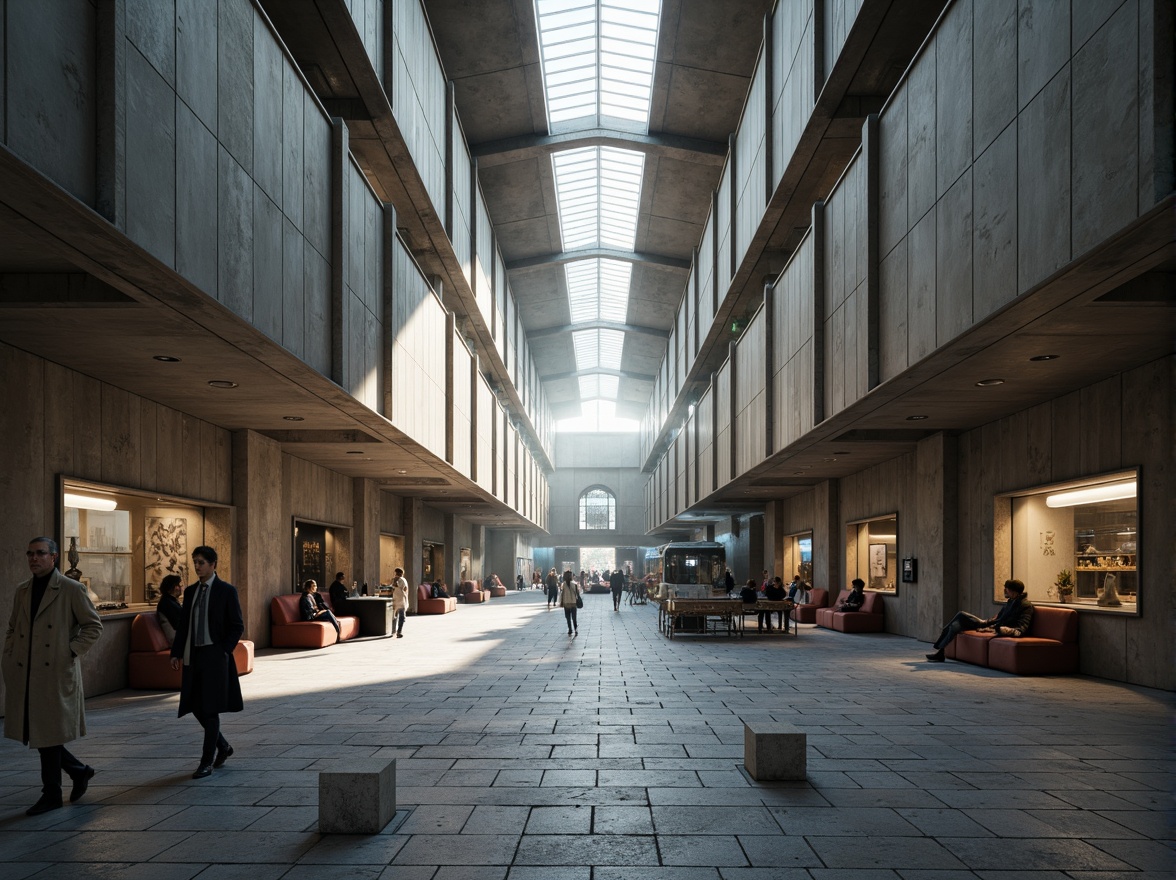 Prompt: Exposed concrete walls, industrial lighting, rugged stone floors, brutalist architecture, grandiose high ceilings, angular lines, minimalist design, functional benches, urban bus station atmosphere, busy commuters, natural light pouring through clerestory windows, dramatic shadows, 1/1 composition, soft focus, realistic textures, ambient occlusion.