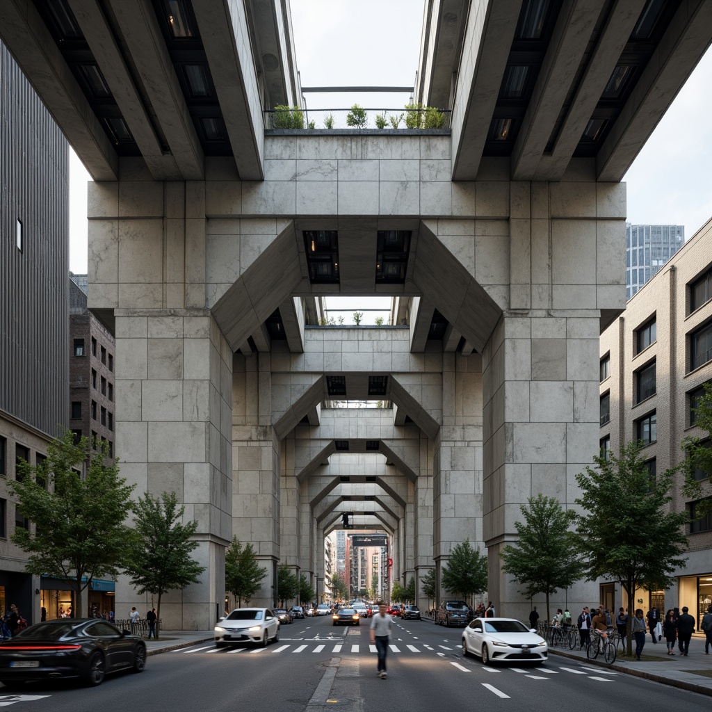 Prompt: Exposed concrete columns, rugged textures, monumental scale, angular forms, fortress-like architecture, urban landscape, busy streets, city traffic, metropolitan atmosphere, industrial materials, steel beams, raw finishes, minimal ornamentation, functional design, brutalist aesthetic, geometric shapes, repetitive patterns, harsh lighting, dramatic shadows, high contrast ratios, 3/4 composition, symmetrical framing, gritty urban feel.