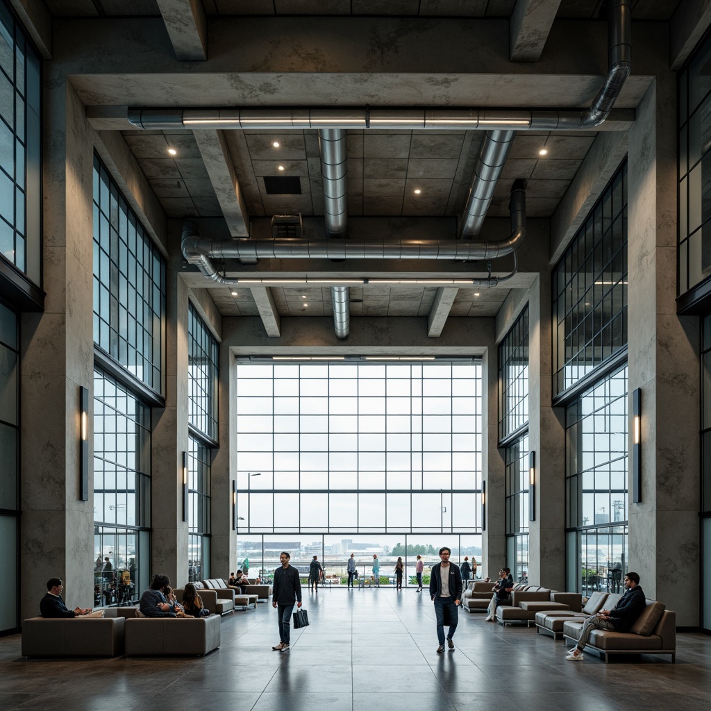 Prompt: Exposed concrete beams, rugged stone walls, massive columns, industrial-style pipes, functional ductwork, brutalist aesthetic, airport terminal, high-ceilinged spaces, expansive glass facades, minimalist furnishings, stainless steel accents, cold harsh lighting, dramatic shadows, 1-point perspective composition, symmetrical framing, detailed textures, ambient occlusion.