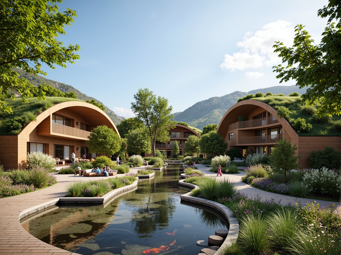 Prompt: Curved organic buildings, lush green roofs, native plant species, meandering walkways, natural stone walls, wooden decks, serene water features, koi ponds, tranquil gardens, blooming flowers, vibrant butterfly habitats, warm sunny day, soft diffused lighting, 1/2 composition, shallow depth of field, realistic textures, ambient occlusion.