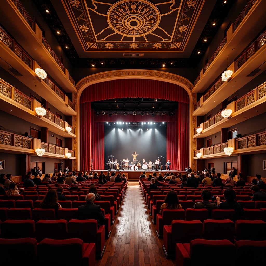 Prompt: Luxurious concert hall, grand stage, velvet curtains, ornate chandeliers, plush red seats, polished wooden floors, acoustic panels, state-of-the-art sound systems, dramatic lighting design, 3-point lighting setup, soft warm glow, shallow depth of field, 2/3 composition, realistic textures, ambient occlusion, evening atmosphere, excited crowd, live music performance.