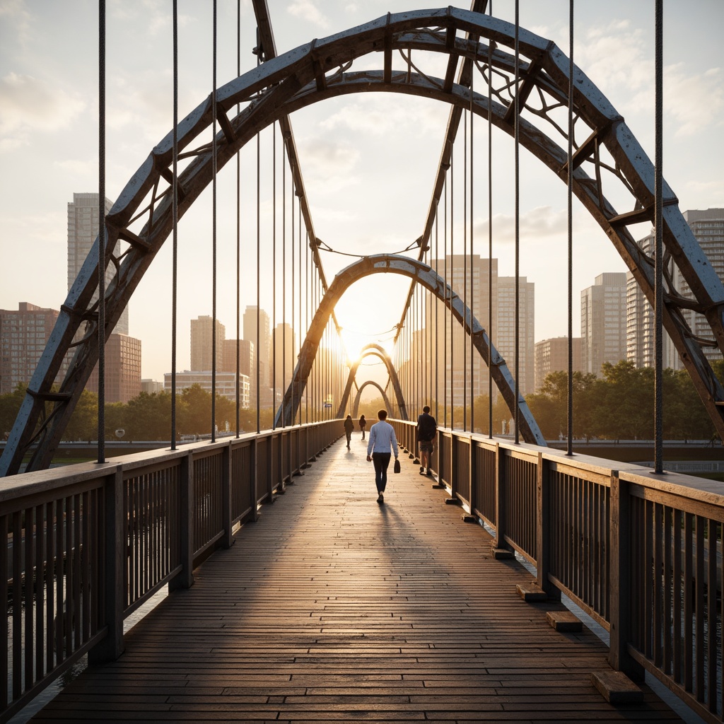 Prompt: Rustic pedestrian bridge, curved steel arches, wooden decking, ornate railings, suspension cables, futuristic LED lighting, urban cityscape, misty morning atmosphere, warm golden lighting, shallow depth of field, 1/2 composition, realistic textures, ambient occlusion, modern minimalist design, sleek metal accents, weathered wood grain, safety glass barriers, inclined ramps, stairway access, pedestrian traffic flow.