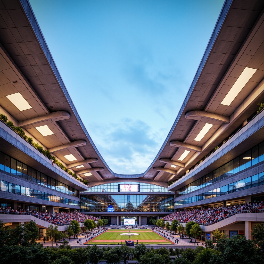 Prompt: Vibrant stadium exterior, smooth concrete walls, sleek metallic accents, transparent glass facades, retractable roofs, lush greenery, natural stone seating areas, dynamic LED lighting, futuristic architecture, angular lines, geometric shapes, atmospheric misting systems, realistic crowd simulations, shallow depth of field, 1/2 composition, panoramic view.