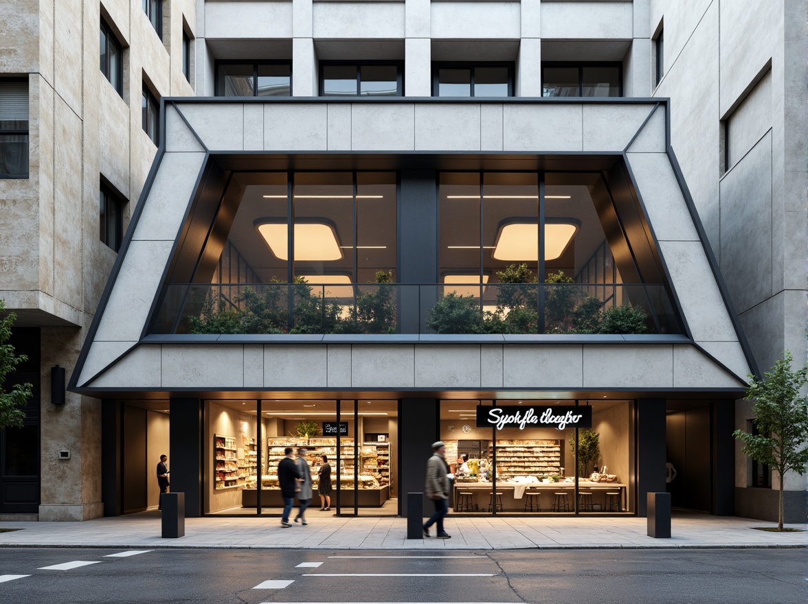 Prompt: Geometric grocery store facade, rectangular forms, clean lines, industrial materials, metal frames, glass windows, minimal ornamentation, functional design, urban setting, busy streets, morning light, soft shadows, 1/1 composition, symmetrical balance, monochromatic color scheme, concrete walls, steel beams, modernist typography, bold signage, angular canopies, minimalist decor, functional lighting, raw textures.