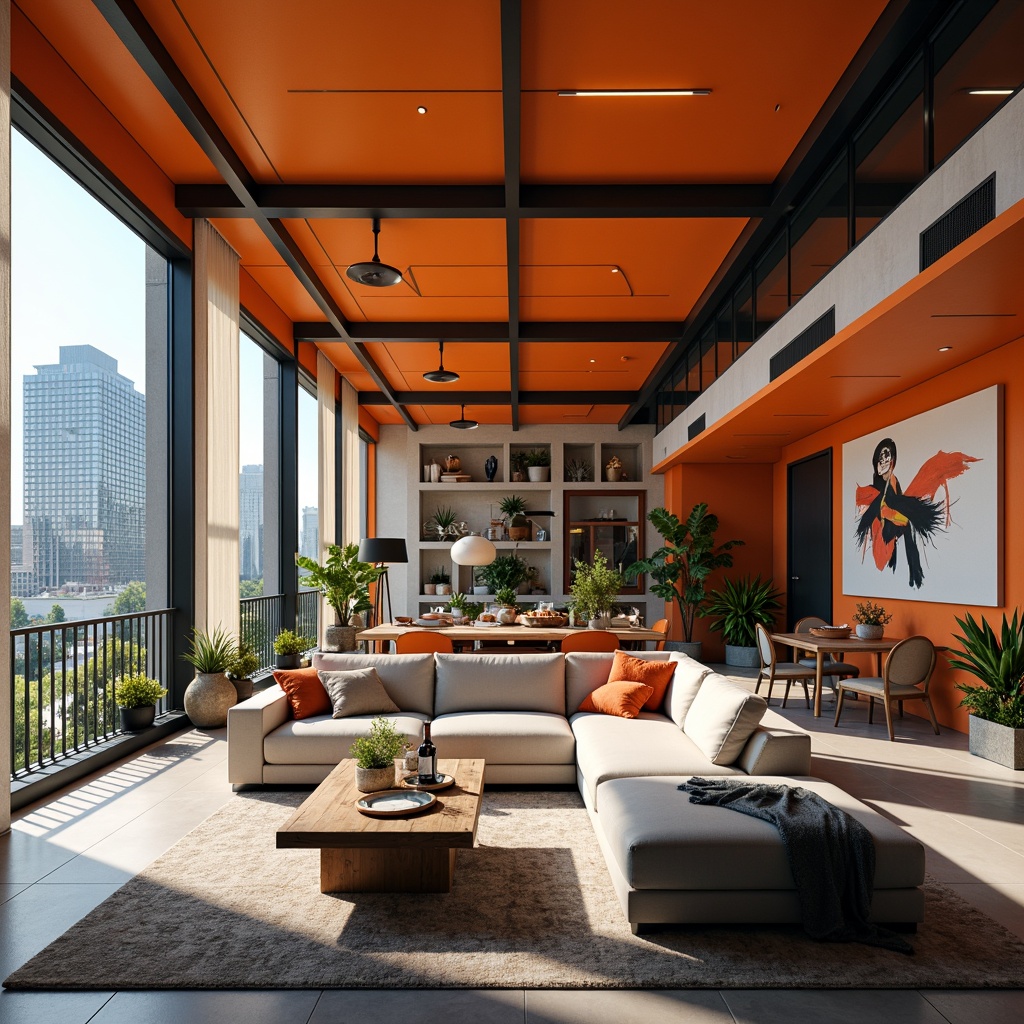 Prompt: Vibrant modern apartment, bold color blocking, contrasting textures, sleek metal accents, minimalist decor, functional open-plan living space, natural light pouring in, floor-to-ceiling windows, urban cityscape views, abstract art pieces, geometric patterns, rich wood tones, luxurious fabrics, subtle gradient effects, ambient warm lighting, 1/1 composition, shallow depth of field, realistic reflections, soft focus blur.