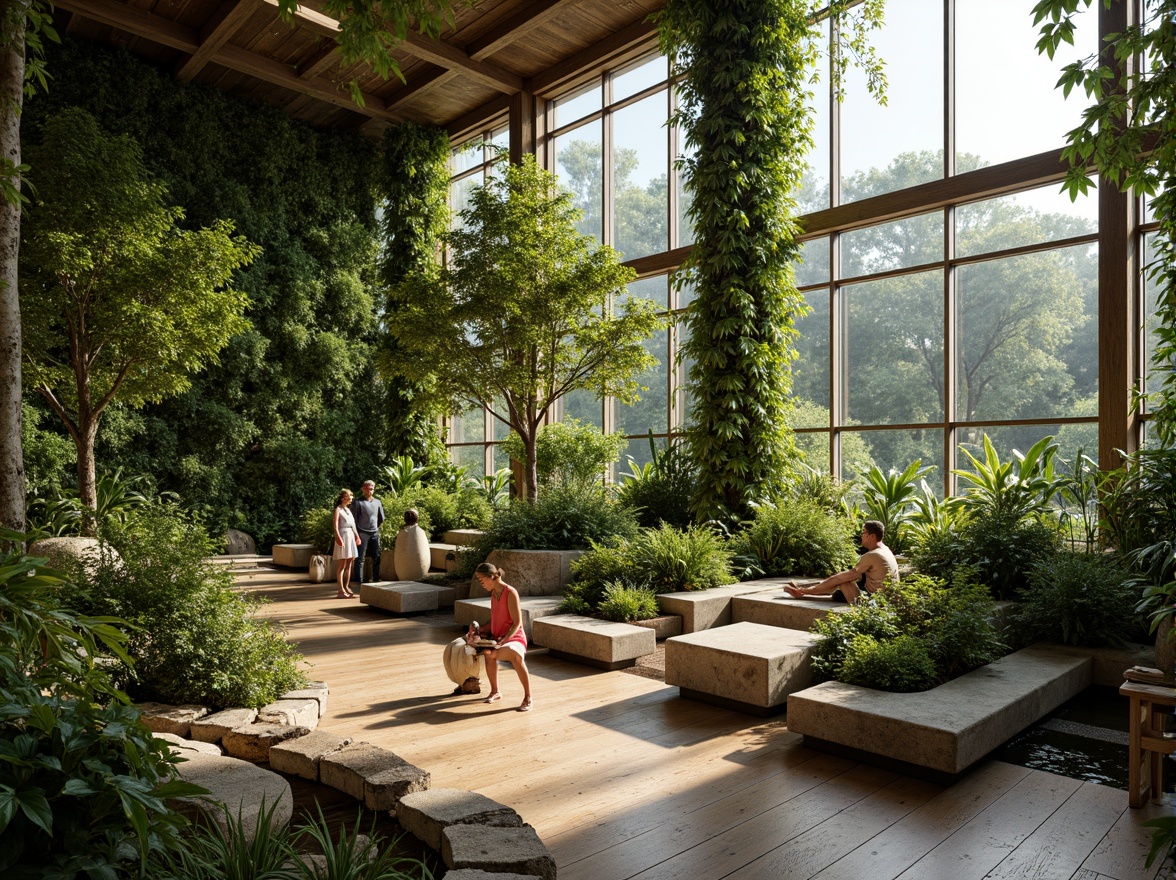 Prompt: Vibrant indoor jungle, lush green walls, living plants, reclaimed wood flooring, natural stone accents, floor-to-ceiling windows, abundant daylight, calming water features, organic shapes, earthy color palette, ergonomic equipment, minimalist decor, air-purifying systems, nature-inspired textures, soft warm lighting, shallow depth of field, 3/4 composition, panoramic view, realistic reflections, ambient occlusion.Please let me know if this meets your requirements!