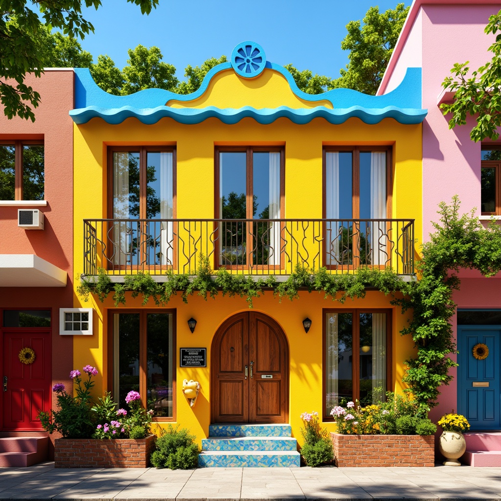 Prompt: Vibrant kindergarten facade, eclectic mix of colors, playful patterns, whimsical shapes, oversized windows, ornate doorways, rustic wooden accents, colorful ceramic tiles, wavy metal railings, curly ironwork details, bright yellow walls, sky blue roofs, lush greenery, climbing plants, flower-shaped decorations, sunny day, soft warm lighting, shallow depth of field, 1/1 composition, realistic textures, ambient occlusion.