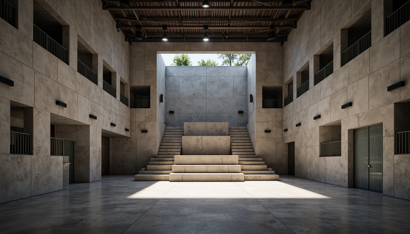 Prompt: Exposed concrete walls, brutalist architecture, rugged textures, industrial-style lighting, elevated stage, sloping floor, tiered seating, acoustic panels, sound-absorbing materials, minimalist design, functional aesthetics, dramatic shadows, high ceiling, natural light, diffused illumination, 3-point lighting setup, wide-angle lens, cinematic composition, realistic rendering.