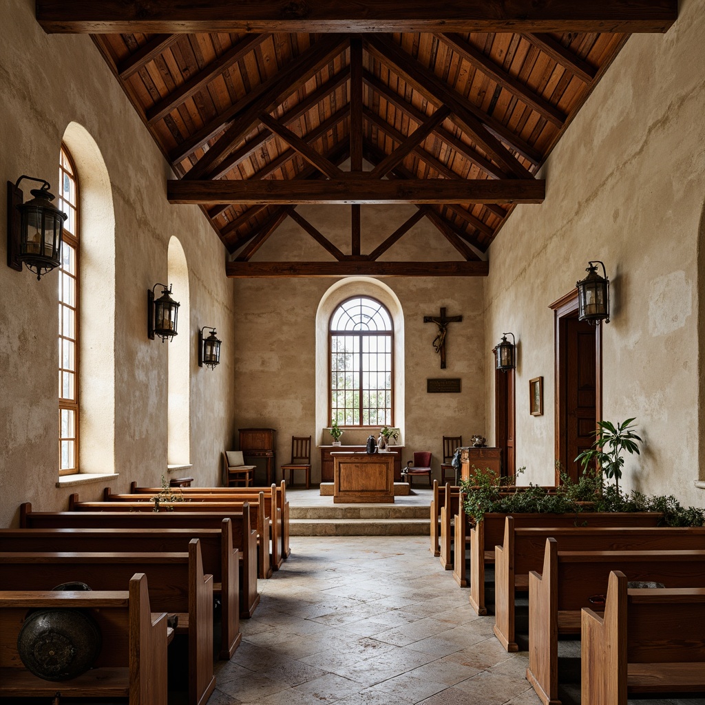 Prompt: Rustic vernacular church, natural stone walls, wooden beam ceilings, terracotta roof tiles, earthy color palette, worn wooden pews, ornate metal lanterns, stained glass windows, intricate stone carvings, rustic wooden doors, weathered copper accents, overcast sky, soft diffused lighting, shallow depth of field, 2/3 composition, realistic textures, ambient occlusion.