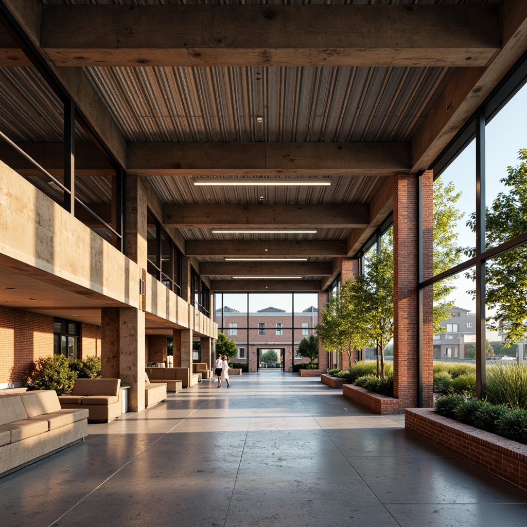 Prompt: Rustic high school building, earthy tone brick walls, weathered metal roofs, wooden accents, exposed ductwork, industrial-style lighting, natural stone foundations, steel frame structures, minimalist design, functional spaces, educational signage, shaded walkways, mature trees, warm afternoon sunlight, soft focus, 1/2 composition, realistic textures, ambient occlusion.