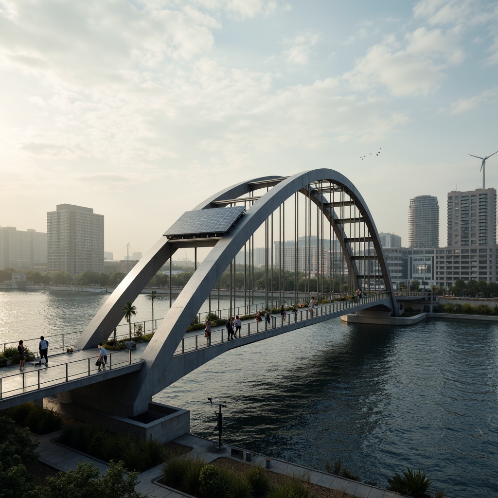 Prompt: Futuristic bridge design, sleek metal arches, LED lighting strips, solar panels, wind turbines, hydroelectric power generation, kinetic energy harvesting, translucent glass walkways, minimalist railings, modern urban landscape, bustling city skyline, misty morning atmosphere, soft warm glow, shallow depth of field, 3/4 composition, panoramic view, realistic metallic textures, ambient occlusion.